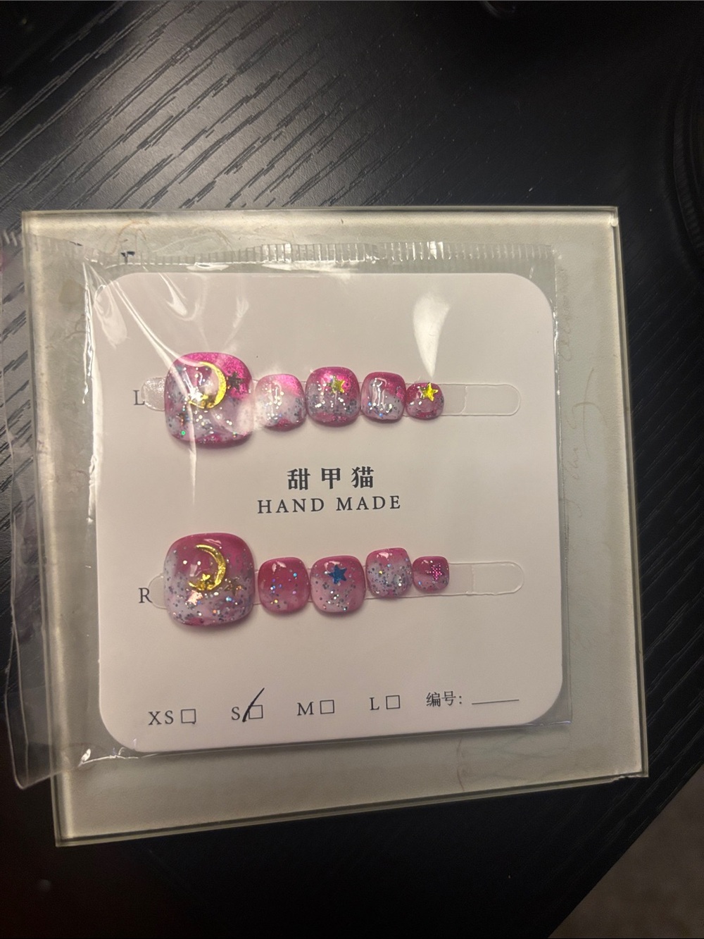 Handmade Pink Glitter Moon & Star Toe Nail Set